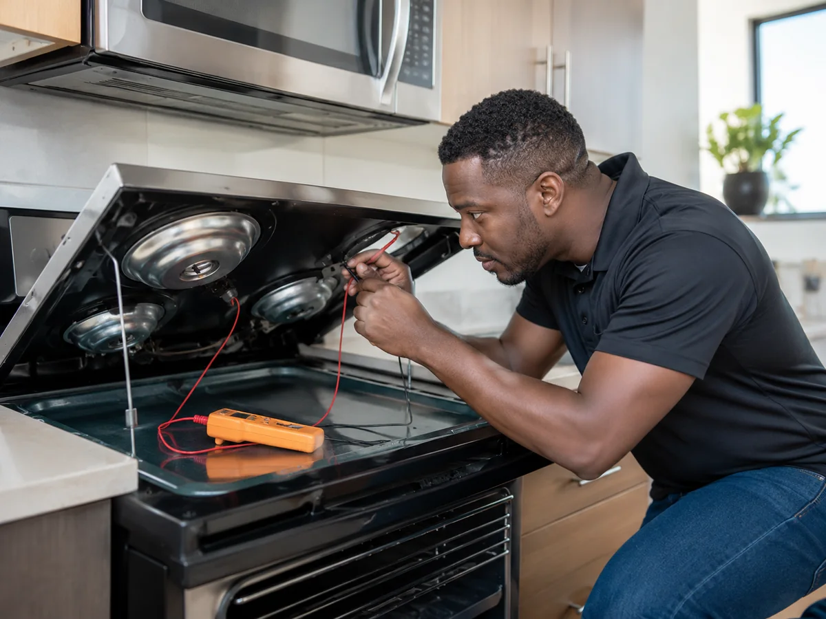Technician inspecting and repairing an oven and stove
