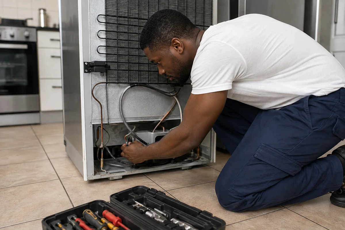 Refrigerator repair technician servicing the rear cooling system of a refrigerator
