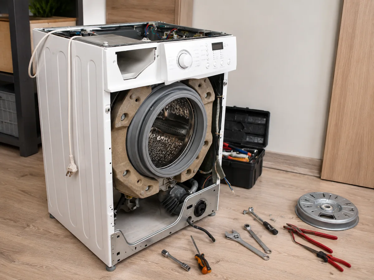 Washing machine opened for professional repair and maintenance